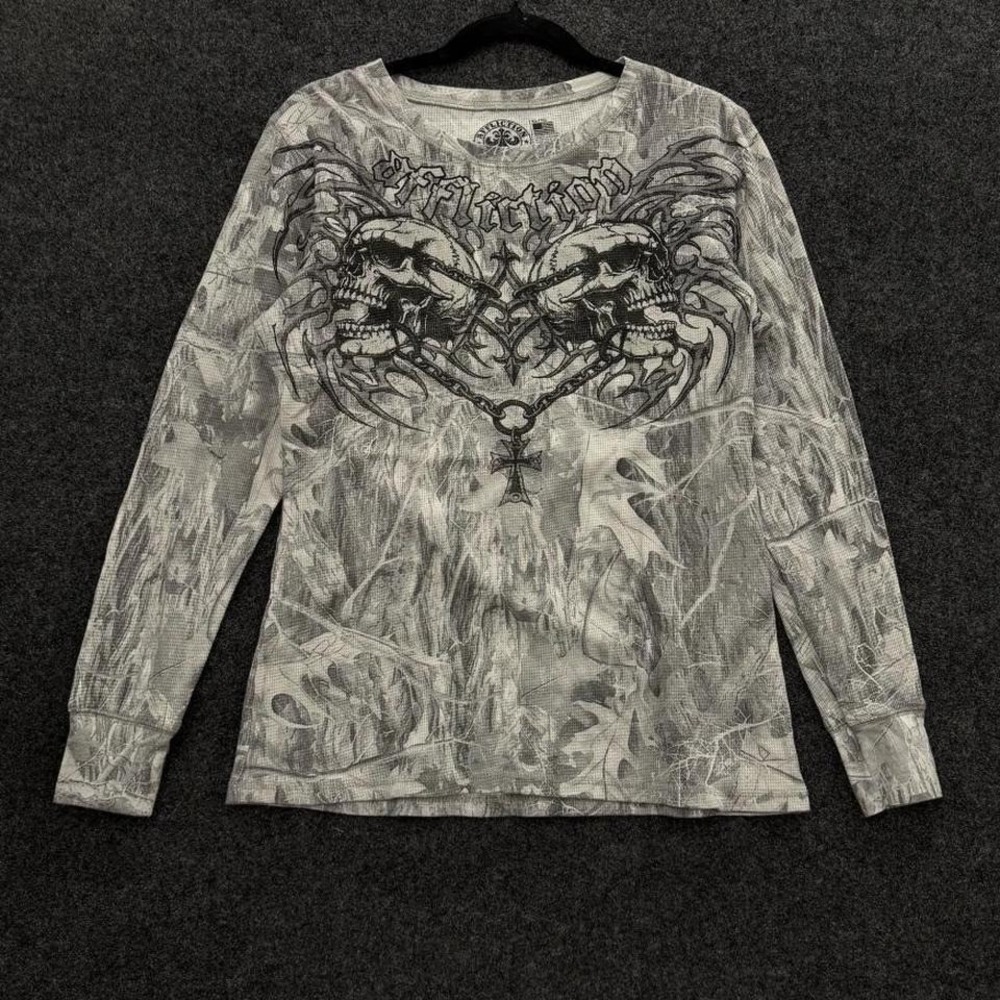 Affliction Gray Camo Skull Thermal Long Sleeve Tee Mens XL Cybergrunge